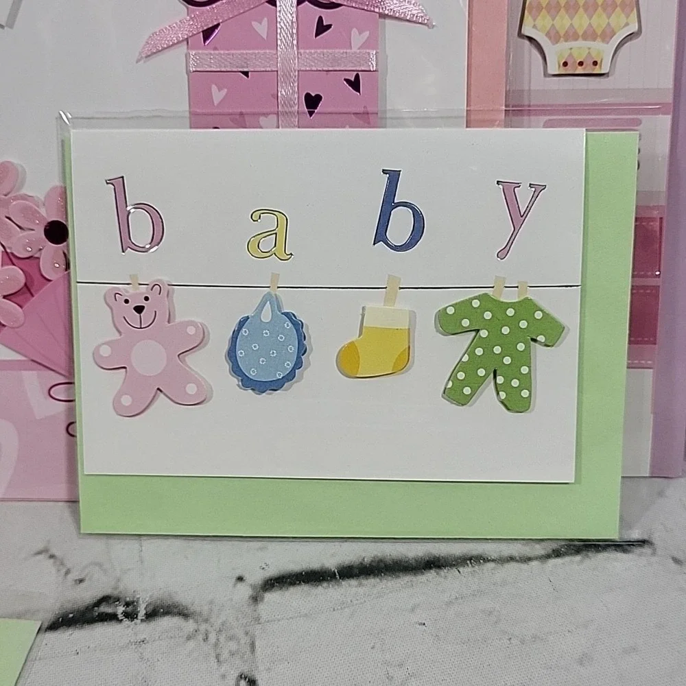 New Greeting Cards Lot Of 5 Baby Arrival Shower Congratulations 3D‎ Pink Green